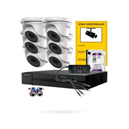 Kit 6 Cámaras de Seguridad HIKVISION de 5MP con DVR, Disco Duro, Alimentadores, Balun y Cartel