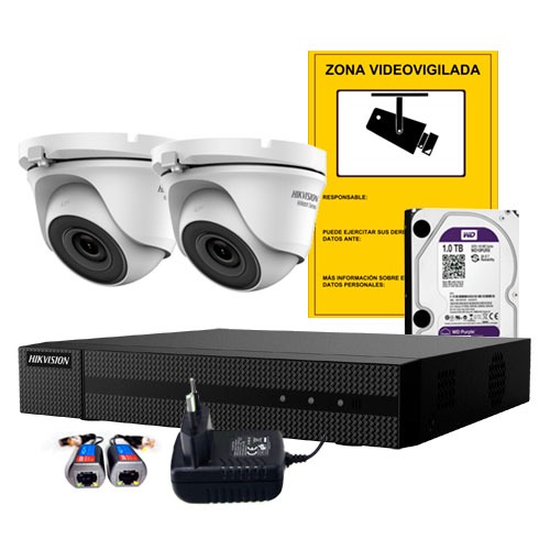 Kit CCTV 2 cámaras domo de 5MP con DVR, Disco Duro, Alimentadores y Cartel