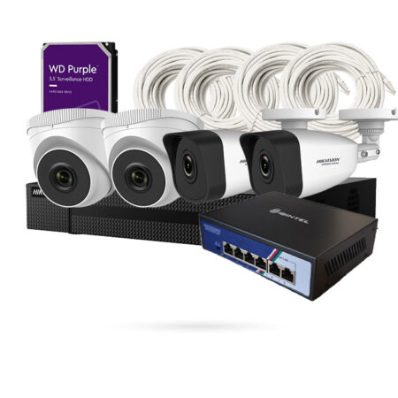 Kit de 4 cámaras 2 domo 2 bullet con Grabador + Disco Duro + Switch Poe + Cables UTP