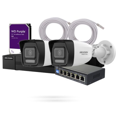 Kit 2 Cámaras de Vigilancia con Grabador + Disco Duro + Switch Poe + Cables UTP