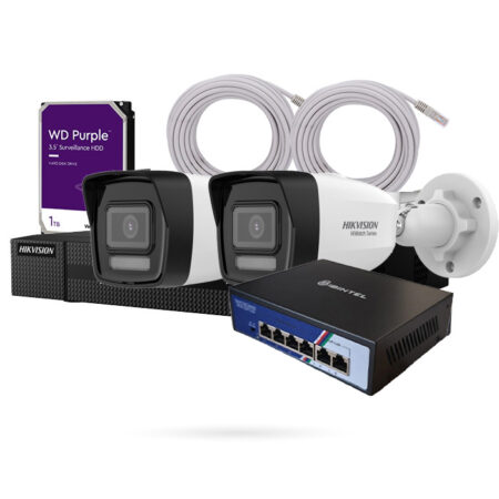 Kit 2 Cámaras de Vigilancia con Grabador + Disco Duro + Switch Poe + Cables UTP