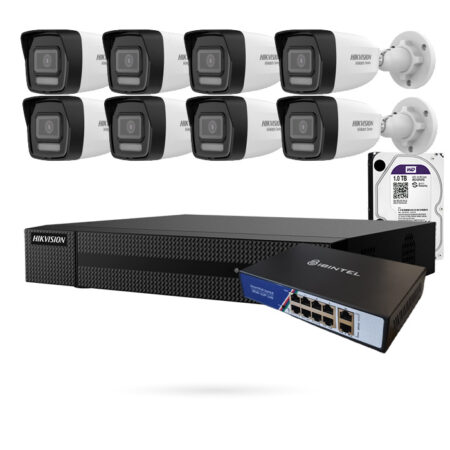 Kit 8 Cámaras Bullet IP PoE 4MP de Exterior con Grabador + Disco Duro 2 TB + Switch PoE