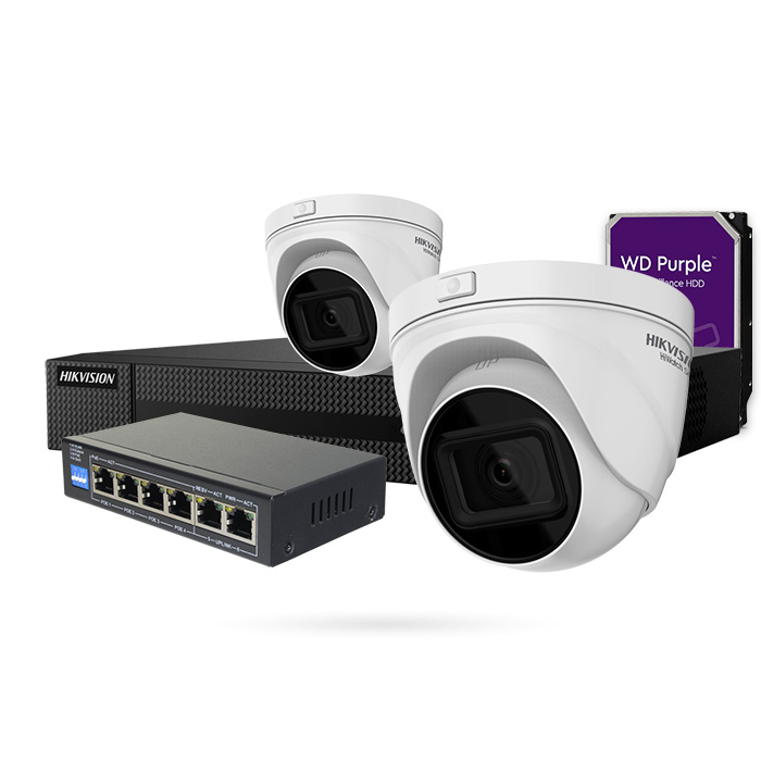 Kit de vigilancia CAJA REGISTRADORA 2 domos IP PoE 4MP Varifocal de exterior con Grabador + Disco Duro 1 TB + Switch PoE