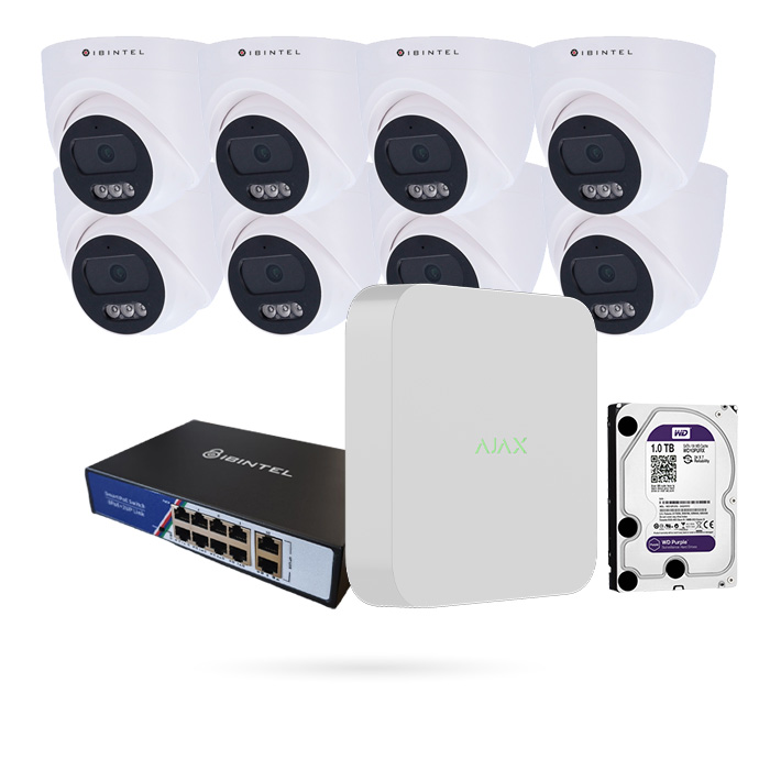 Kit 8 cámaras IP PoE Full HD Exterior con Grabador AJAX y Disco Duro
