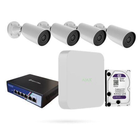 Kit de Cámaras de Vigilancia Ajax 4 BulletCam IP PoE 5MP Exterior + NVR AJAX+ HDD 1TB+ Switch PoE
