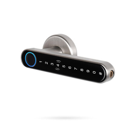 Cerradura Airbnb con Huella Digital Tarjeta Contraseña y App Tipo Manilla IBINTEL NORA N2 PLATA